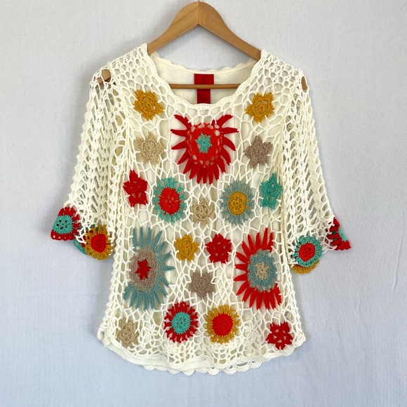 CHRISTINA V Women's Size Medium Crocheted Open Knit Sweater Lined - Picture 1 of 6